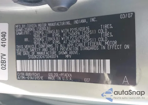 2007 Toyota Sienna Le from USA, damaged, VIN 5TDZK23C47S040074